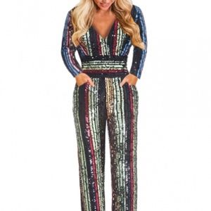 Champagne Pocketed Sequin Jumpsuit